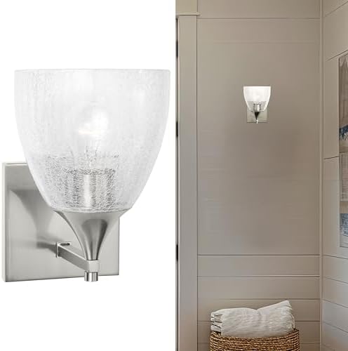 Scott Living 1-Light Toffino Modern Wall Sconce in Brushed Nickel Finish with Clear Crackle Glass Shade DJV1021BSCKG, Stylish Wall Light for Bedroom and Bathroom Wall Décor, Elegant Vanity Lighting