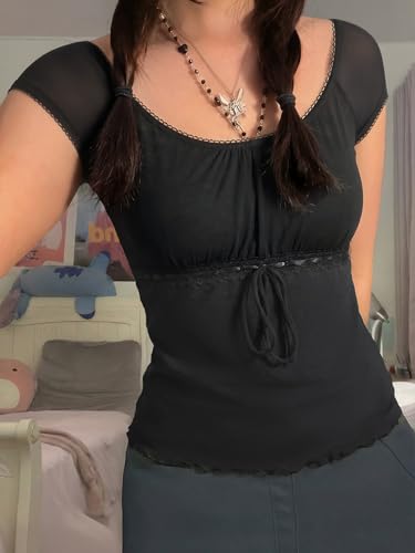 EMMIOL Y2K Mesh Top Women Babydoll Stretchy Short Sleeve Shirt Scoop Neck Summer Going Out Cute Fairy Top Black — view 2
