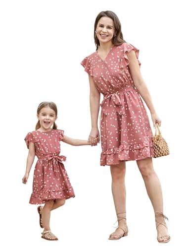 PATPAT Matching Mommy and Me Dresses Outfits Ruffle Flutter Sleeve Polka Dot Pattern Vacation Dresses