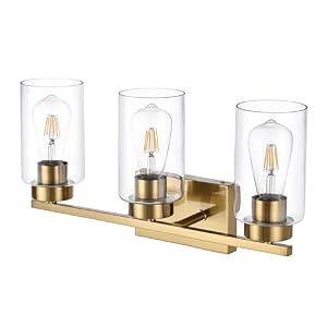 3-Light Bathroom Vanity Light, Modern Brushed Gold Wall Lights with Clear Glass Shades, Bathroom Wall Sconce Lamp for Mirror Living Room Bedroom Hallway 3 Light Bathroom Vanity Light Modern Brushed Gold Wall Lights with Clear Glass Shades Bathroom Wall Sconce Lamp for Mirror Living Room Bedroom Hallway