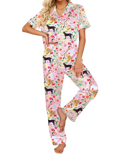 Image of Ekouaer Silk Satin Pajamas Set Women Short Sleeve Sleepwear Soft Button Down Loungewear Pjs Set