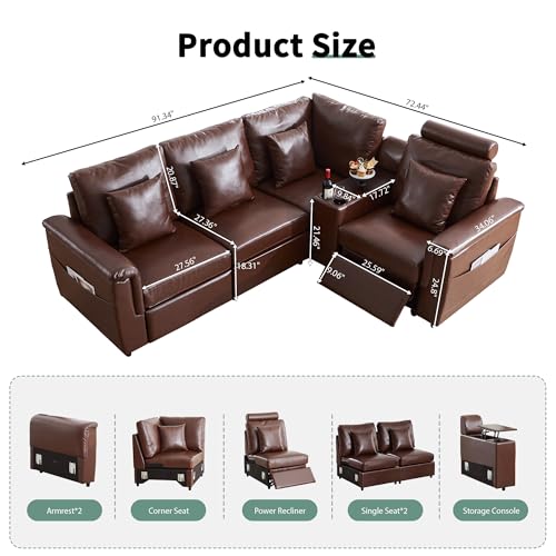 Image of RARZOE Modular Sectional Sofa with Power Recliner, 4-Seater L-Shaped Reclining Couch, Faux Leather Couches with Storage Console Charging Cup Holders, Modern Comfy Sofa for Living Room,Brown