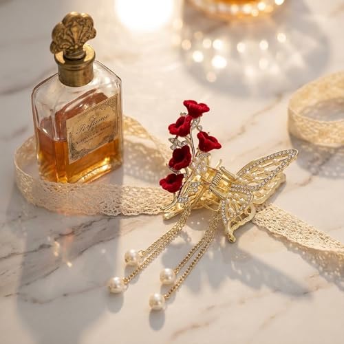 Pinza para cabello con perlas y flores de terciopelo miniatura 6