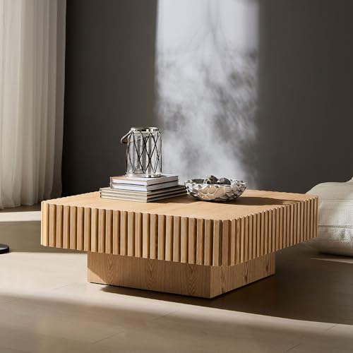 KEIKI 35" Handcraft Drum Square Wooden Coffee Table with Sturdy MDF Pedestal, Modern Style Solid Wood Relief Coffee Table, Easy Assembly, for Living Room, Bedroom, Reception Room, Natural Ash