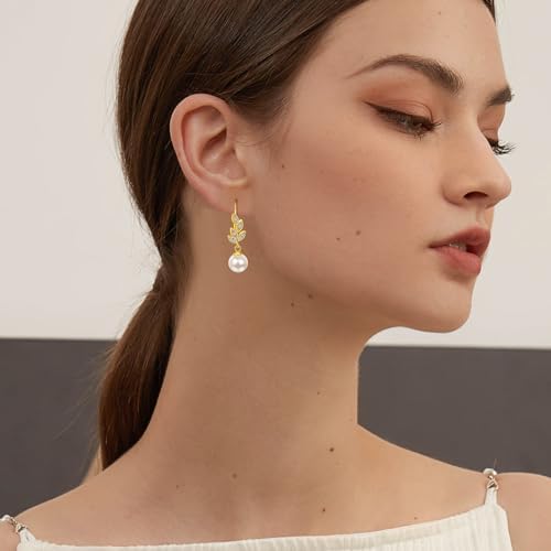 Pearl Dangle Earrings for Women - 14K Yellow Gold Plated Drop Earrings Leaf Cubic Zirconia Earrings 8mm White Pearl Statement Drop Earrings Gifts for Brides Mom - Image 7