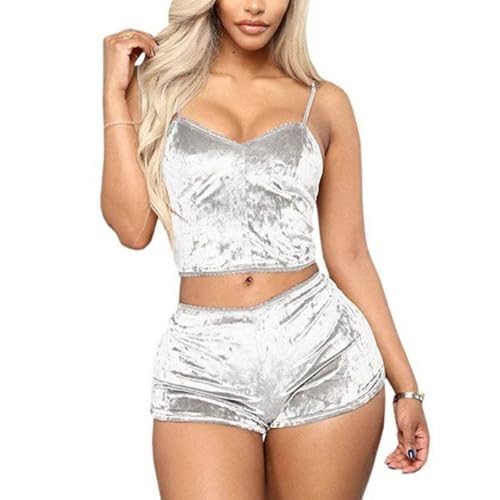 Qianderer Women Sexy Strappy Babydoll Lingerie Velvet Pajama Set Spaghetti Strap Sleeveless Crop Top Camisole with Shorts 2 Piece Sleepwear (Ba White, S)