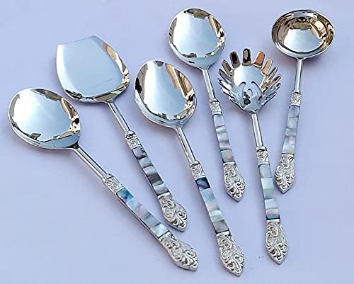 Made for You Designer Brass Seep Handle Design Serving Spoon Set of 6 Piece with Mother of Pearl in Black Gift Box