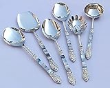 Made For You Designer Brass Seep Handle Design Serving Spoon Set Of 6 Piece With Mother Of Pearl In Black Gift Box 35% Off - 30 Cm