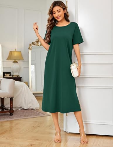 Ekouaer Long Womens Night Shirts Crew Neck Cotton Sleepshirt Plus Size House Dresses Summer Green — view 2