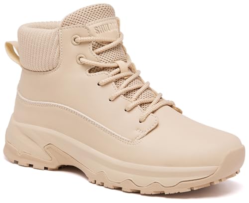 SHULOOK Non Slip Work Boots for Women Slip-Resistant Shoes Waterproof Food Service Chef Kitchen Restaurant Working Casual Comfortable Ankle Boot Outdoor Walking Booties Sneakers Beige Size 8
