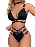 Lilosy Sexy Wireless Choker O Ring Linked Strappy Harness Lingerie Set Outfits 3 Piece Women Matching Bra Panty Underwear Black Medium