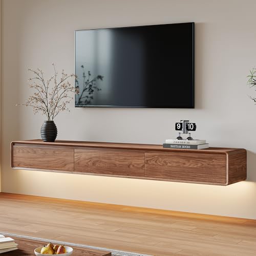 EOBfurniture TV Schrank in Walnussoptik, Mid-Century Design als lowboard hängend, vielseitige TV Board hängend mit 3 Schubladen für 75 Zoll Fernseher im Wohnzimmer (200 cm)