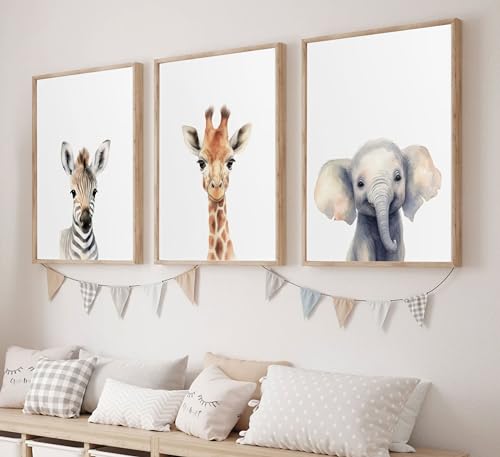 LYNARTFN Cuadros artísticos de pared de animales para habitación de niños, diseño de jirafa, cebra, elefante, impresiones en lienzo, pósteres de acuarela para decoración de pared de bebé, niños y