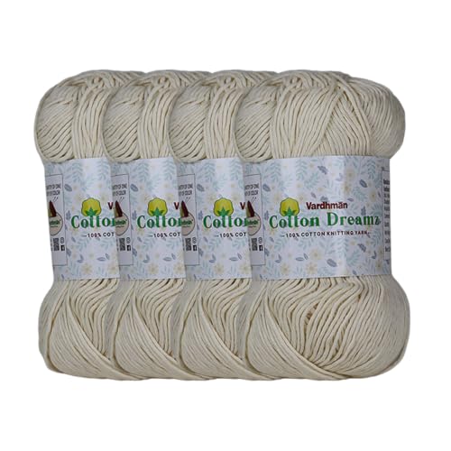 Image of Vardhman 100% Cotton Dreamz Light Weight Natural Thin Yarn | Pack-4 100g | Knitting & Crochet Projects | Soft Natural Yarn | Ideal for Garments, Summer Wear & Accessories | Off White, CJL034 P4