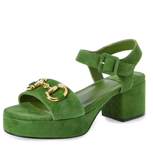 Women's Round Toe Chunky Heel Platform Suede Sandals Open Toe Adjustable Ankle Strap Gold Buckle Detail Comfortable Summer Wedding Party Dress High Heel Sandals