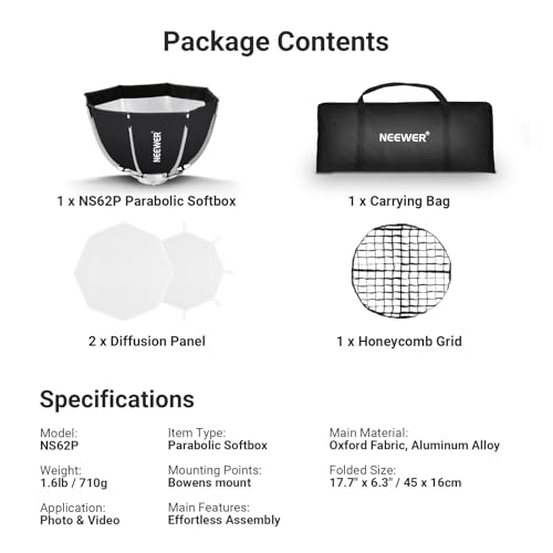 NEEWER Basics Softbox Octogonal con Soporte Bowens, 17,7 Pulgadas, Cierre rápido, Caja Blanda, Kit de iluminación con Rejilla, Compatible con Aputure 150c Godox SL60w, para FS300C FS150B HB80C CB200C - imagen 9