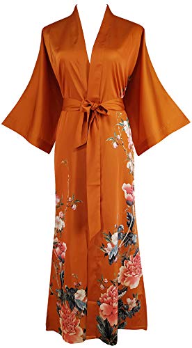 Ledamon Women's Kimono Robe Long - Classic Pocket Floral Bathrobe Nightgown (Dark Orange)