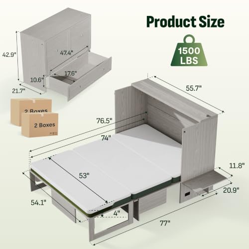 Image of Softa Full Murphy Bed Cabinet with 4 inch Tri-Fold Mattress, Storage Drawer & Charging Station, 1200 Lb Heavy Duty Wood Wall Bed with Fold-Down Desk for Guest Room & Home Office, No Box Spring Needed