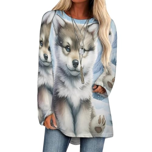 Snowy Husky Puppy Women Long Sleeve Crew Neck Tee Tops Trendy Casual Dressy Blouses Fall Clothes Pullover Shirt Fashion Curved Hem Shirts