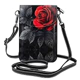 Merveilleux cadeau : petit sac à main pour téléphone portable avec rose rouge et feuilles noires, un petit sac à bandoulière pour femme, le sac à bras confortable à porter et également un excellent cadeau pour les femmes, les filles et les adolescentes. L'étui à rabat complet peut protéger votre téléphone portable et d'autres objets de la poussière, des chocs, des rayures et assurer la sécurité