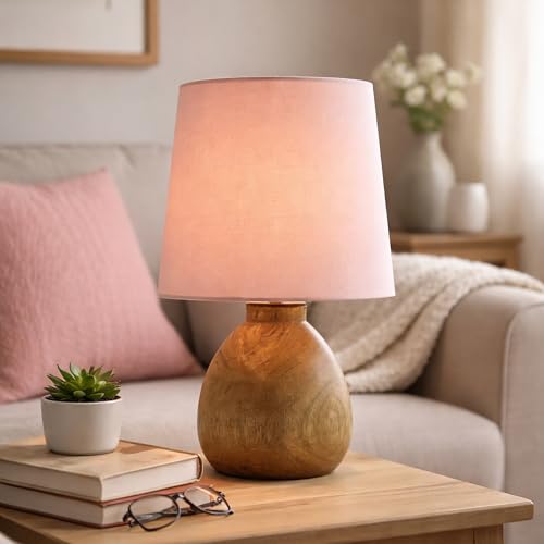 Image of Wooden Bedside Table Lamp with Fabric Shade, Warm Ambient Light, Handmade Mango Wood Base, Rustic Farmhouse Design, Cute Dowel, 15 x 15 x 25 cm (Pink)