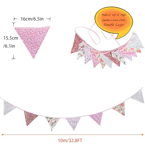 Image of Zwiebeco 32Ft Pink Purple Rustic Floral Fabric Pennant Banner Triangle Flags Cotton Retro Flowers Bunting Party Decorations for Birthday Engagement Wedding Spring Vintage Village Home Garden Decor