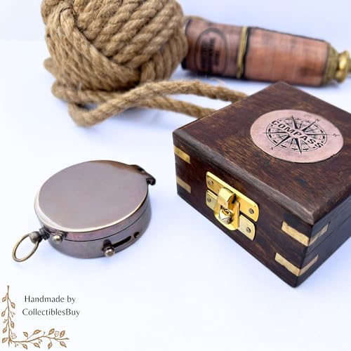 Brújula de latón vintage con caja de madera miniatura 5