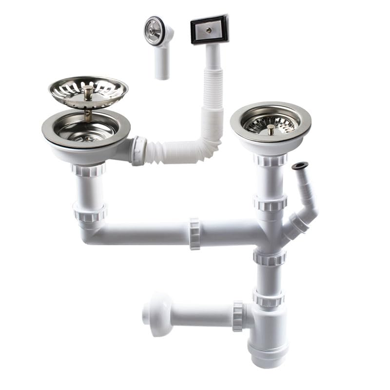 Talea Anti-Syphon Bottle Trap,Dishwasher Siphon Straight,Waste Pipe, Basket Strainer with Overflow,Full Set Plumbing Kit(2 Bowl Sinks) U-Z7052C006