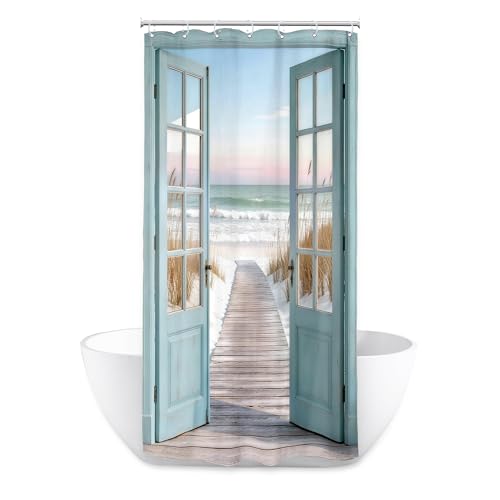 Image of Riyidecor Small Stall Blue Beach Shower Curtain 36Wx72H Inch Ocean Teal Barn Door Rustic Coastal Seaside Scenery Wood Hawaii Summer Beachy Path Bathroom Decor Fabric Polyester Waterproof 7 Pack Hooks