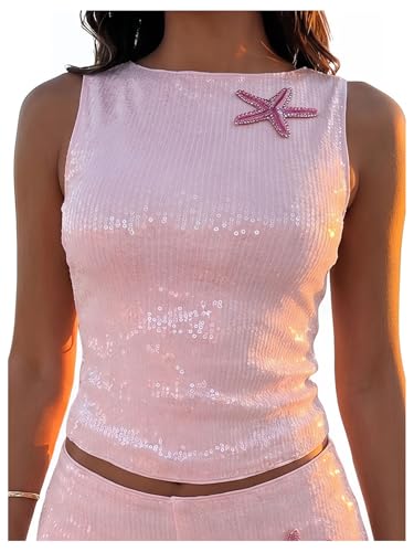 MakeMeChic Women's Sparkly Sequin Tank Tops Going Out Rave Tops