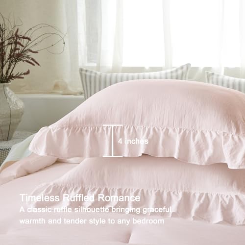 Image of Pink Ruffle Comforter Set Queen, Pre-Washed Shabby Chic Bedding Set, Lightweight Cottagecore Soft Romantic Cozy 1 Comforter & 2 Shams, All-Season