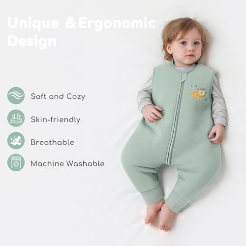Image of Chilsuessy Toddler Sleep Sack with Feet 3-4 T, 1.0 TOG Cotton Baby Wearable Blanket with Legs, Sleep Bag Walker with 2-Way Zipper, Green & Lion