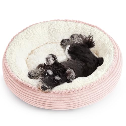 Love's cabin Round Donut Cat and Dog Cushion Bed, 25in Pet Bed for Small or Medium Dogs, Anti-Slip & Water-Resistant Bottom, Soft Durable Fabric Pet Beds, Washable Calming Cat Bed Pink Stripe by Love's cabin - Used condition - US$23.36