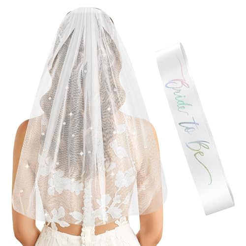Iridescent Bride to Be Sash &amp; White Rhinestone Veil for Bachelorette Party