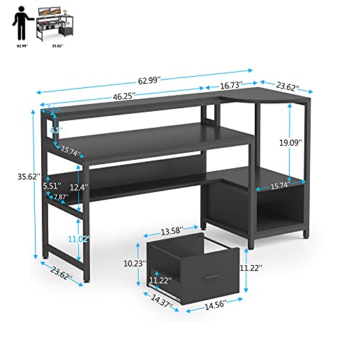 Tribesigns Computer Desk with Hutch and Storage Shelves, 63” Modern Home Office Desk with Monitor Stand File Drawer Writing Table Workstation for Home Office (Black)