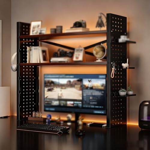 Image of 3-Tier Desk Storage Shelf, Dormitory Hutch, Student Dormitory/Home Office Hutch, Desk Hutch with Steel Frame for Student Dormitory/Office/Home Bookshelf (Walnut Colour, 3 x 70 cm)