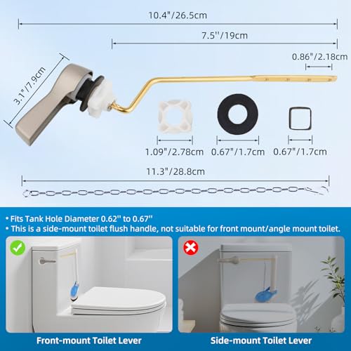 2 Pack Universal Side Mount Toilet Handle Angle-Mount Adjustable Trip Lever Tank Flush Lever Replacement Handle with 2 Pieces Stainless Steel Flapper Chains for Most Toilets - Brushed Nickel by Hibbent - Image 3