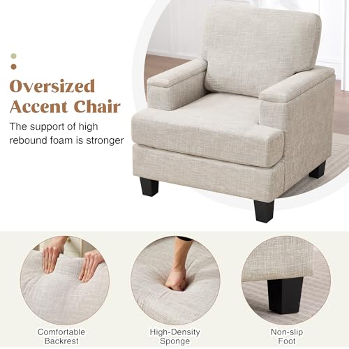 Image of Beige Accent Chair with Armrest Storage, Modern Upholstered Reading Living Room Chairs, Comfy Large Armchair, Fabric Single Sofa Chair for Bedroom