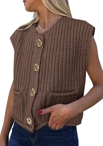 PRETTYGARDEN Women's Summer Sweaters Vest 2025 Sleeveless Button Down Cropped Pockets Chunky Knit Cardigan Trendy Tank Tops