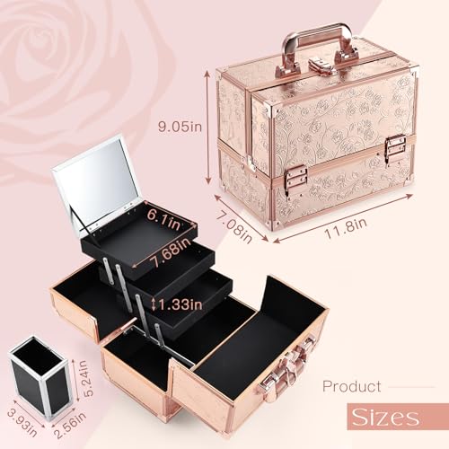 FRENESSA Makeup Train Case 11.8 Inch Extra Large Makeup Organizer Case 3 Trays with Mirror Cosmetic Travel Storage Box for Makeup Artist Nail Art Tech Sewing Supplies Travel Case Rose Gold Floral - Thumbnail 5