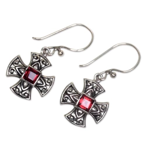 NOVICA Artisan Handcrafted Garnet Dangle Earrings Balinese Silver Cross with Sterling Red Indonesia Birthstone [1.3 in L x 0.6 in W x 0.2 in D] ' Cross Pattee'2