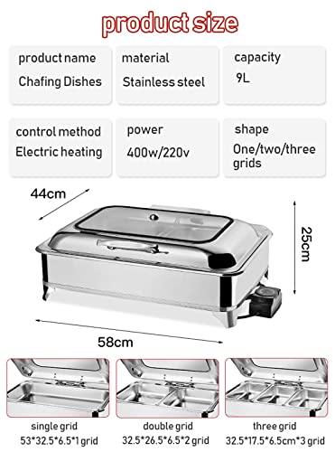 Commercial Stainless Steel Chafing Dish Set, 9L Rectangular Food Warmers With Visible Cover, Food Warmers Trays Buffet For Catering Event Parties Buffet, Electro-Thermal Insulation(Size:3 Grid) #TOP5