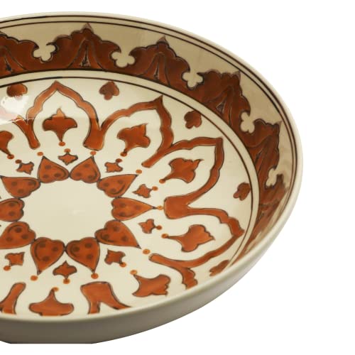 Creative Co-Op Hand Painted Stoneware Serving Bowl With Pattern, Cream And Brown Serveware, 14"L X 14"W X 4"H, Brown & Cream #TOP6