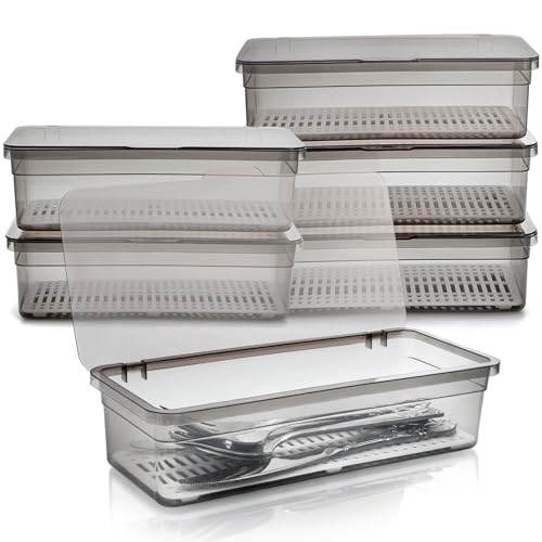 Elsjoy 6 Pack Flatware Trays with Lid and Drainer, Plastic Utensil Holder for Kitchen Counter, Silverware Storage Box Covered Cutlery Container for Home