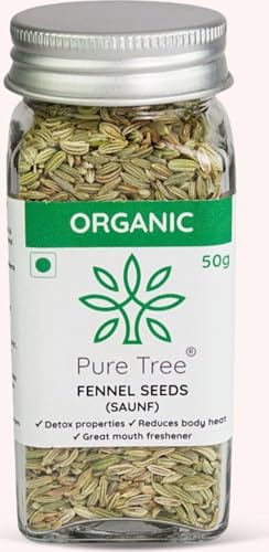 Image of Pure Tree Certified Organic Fennel Seeds | 50 Gm | Glass Jar | Saunf, Variyali | Perumjeerakam Whole Spices Sombu Whole | Fennel Seeds Saunf | Organic Saunf Rich Flavour Sombu