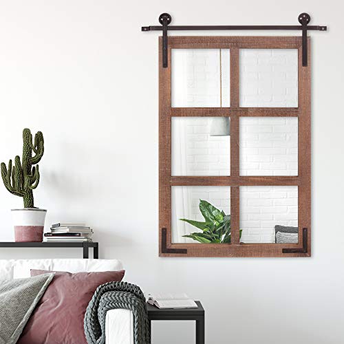 Patton Wall Decor 33x26 Sliding Barn Door Wood Window Wall Mirror, Brown - Image 6