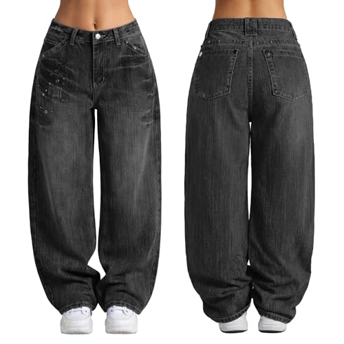Image of EMMIOL Women Hip Hop 90s Vintage Baggy Jeans Denim Pants Mid Waist Jeans