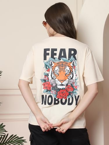 Image of Fabflee Oversized Cotton Baggy Drop Shoulder Graphic Tee with Half Sleeves | Korean Casual Loose T-Shirt for Women