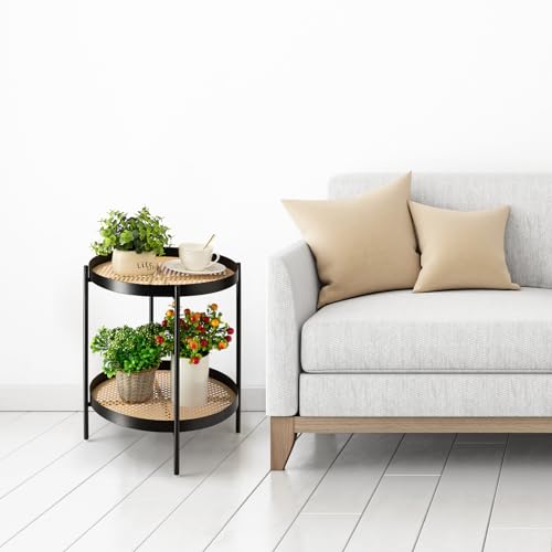 danpinera Round Side Table, All Metal Side Table with Imitation Rattan Pattern on Removable Trays for Living Room, 2 Tier Small Side Table for Bedroom, Living Room, Black