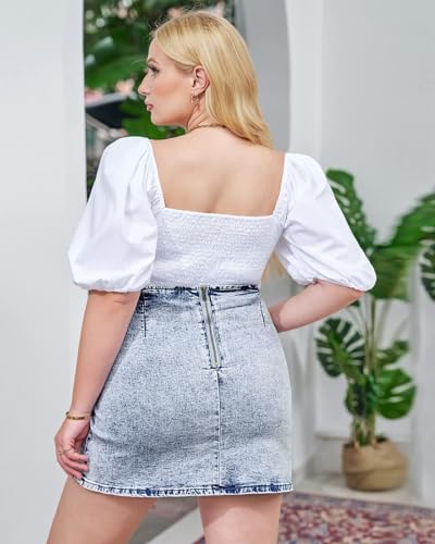 Vetinee Women's Thousand Oceans Blue Tulip Hem Shirred Stretchy Back Zip Casual Bodycon Short Jean Denim Skirt X-Large Size 16 Size 18 — view 5